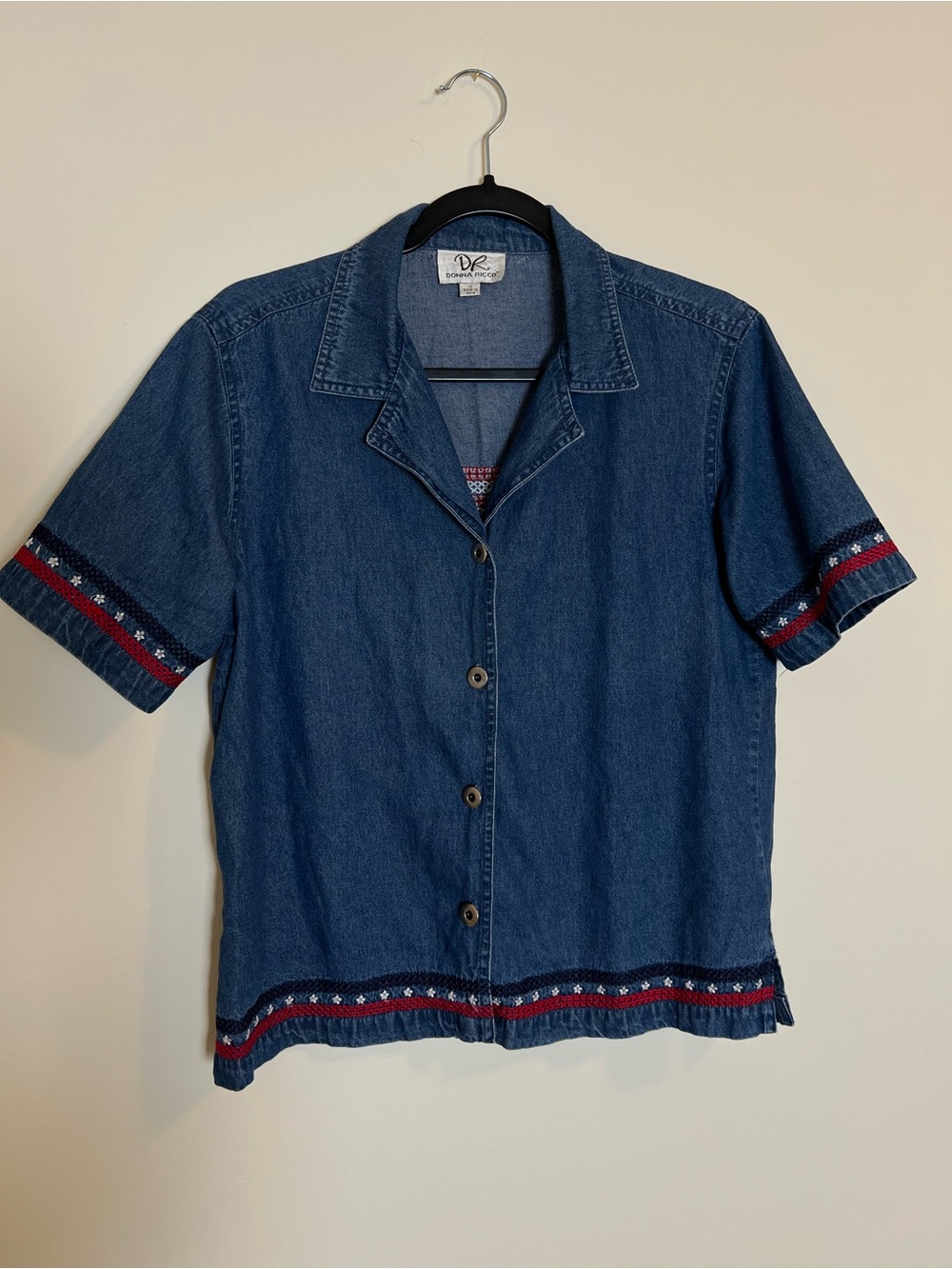 Donna Ricco Blue Short-Sleeve Denim Button-Up Shirt with Red & Navy Trim